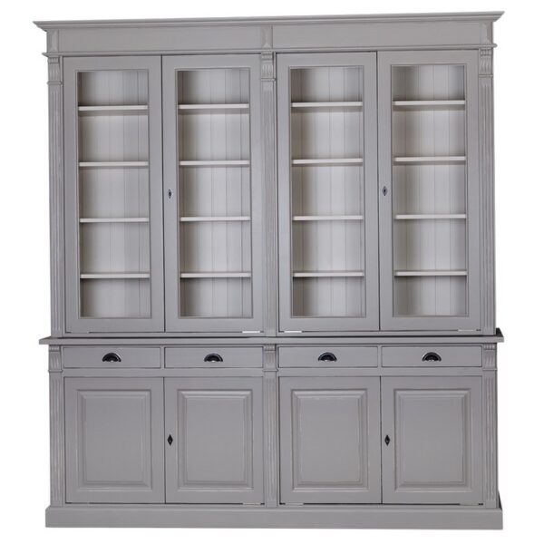 landelijk klassieke bibliotheekkast met lades en deuren. de planken in de kast zijn verstelbaar. Gemaakt van massief hout eiken in de kleur zand, beige, grijs. Het kan op maat gemaakt worden. Villa Laura