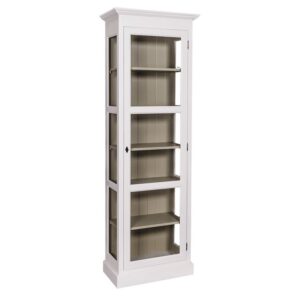 Landelijke boekenkast met zes vakken met lange deur met glas. Gemaakt van massief eiken hout in de kleur wit met olijfgroene taupe, zand binnenkant. Het meubel kan op verschillende manieren geverfd worden in verschillende kleuren en kan op maat gemaakt worden. Villa Laura
