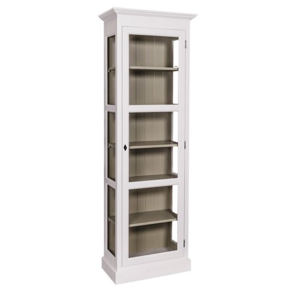 Landelijke boekenkast met zes vakken met lange deur met glas. Gemaakt van massief eiken hout in de kleur wit met olijfgroene taupe, zand binnenkant. Het meubel kan op verschillende manieren geverfd worden in verschillende kleuren en kan op maat gemaakt worden. Villa Laura