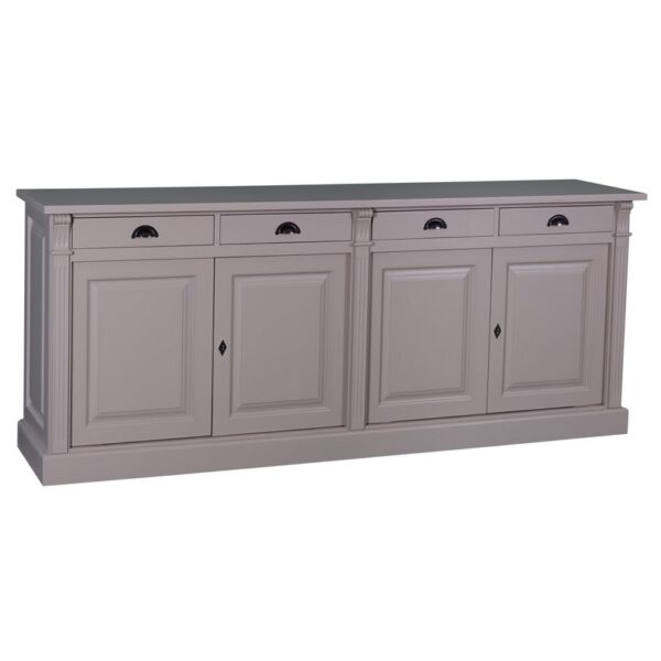 landelijk klassiek dressoir met 4 lades en 4 deuren voor veel opbergruimte. Gemaakt van massief hout eiken in de kleur taupe. Het kan op maat gemaakt worden. Villa Laura