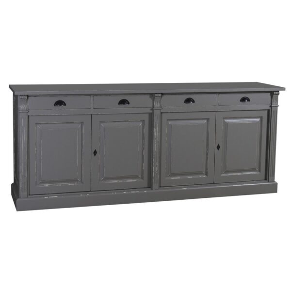 landelijk klassiek dressoir met 4 lades en 4 deuren voor veel opbergruimte. Gemaakt van massief hout eiken in de kleur antraciet. Het kan op maat gemaakt worden. Villa Laura
