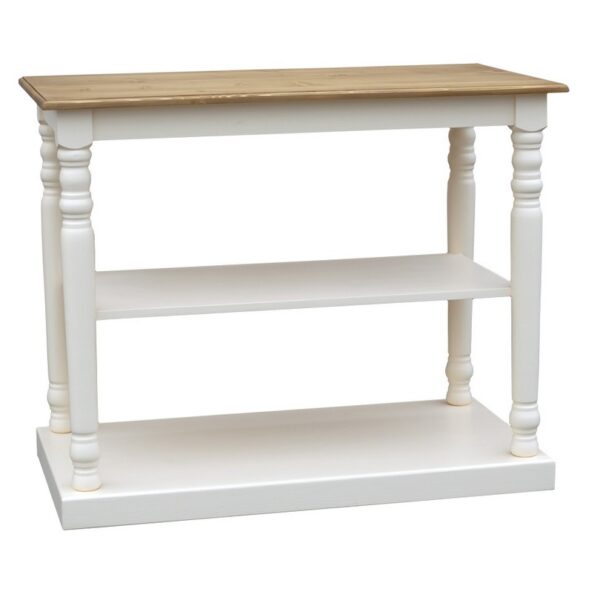 Landelijke side table met drie lagen en sierlijke poten. Gemaakt van massief eiken hout in de kleur wit met een licht eiken blad. Het meubel kan op verschillende manieren geverfd worden in verschillende kleuren en kan op maat gemaakt worden. Villa Laura