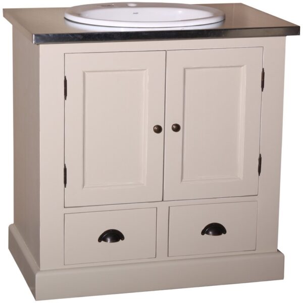 Landelijk badkamermeubel met twee lades en twee deuren. Gemaakt van massief eiken hout in de kleur beige, zand met zinken blad. Het meubel kan op verschillende manieren geverfd worden in verschillende kleuren en kan op maat gemaakt worden. Villa Laura