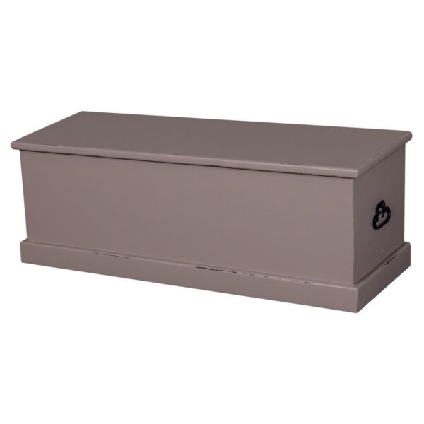 een groot landelijke, klassieke houten opbergkist. het is langwerpig van model. je kan de kist openen met de klep. Gemaakt van massief hout in de kleur antraciet. Het kan op maat gemaakt worden.