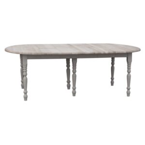 Landelijke ovale uitschuifbare tafel met zes klassieke poten die op maat gemaakt kan worden. Het blad van de tafel is white wash en het onderstel is in de kleur grijs. Villa Laura