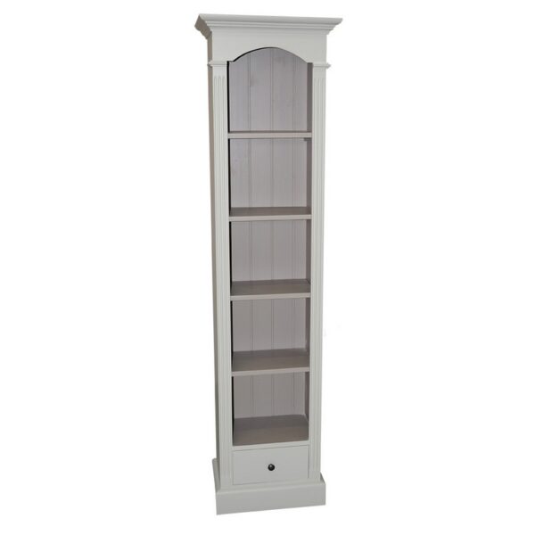 Landelijke hoge vakkenkast met vijf vakken en een kleine lade. Gemaakt van massief eiken hout in de kleur wit. Het meubel kan op verschillende manieren geverfd worden in verschillende kleuren en kan op maat gemaakt worden. Villa Laura