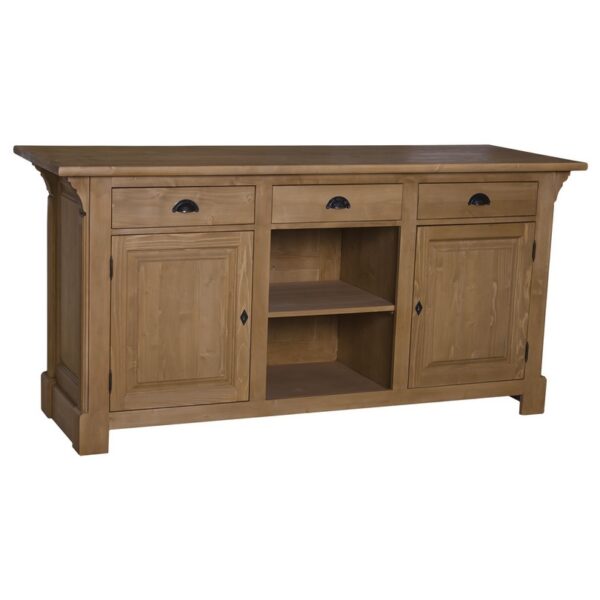 Landelijke bar/toonbank/balie met deuren, lades en open vakken voor opbergruimte. Gemaakt van massief eiken hout in de kleur naturel. Het meubel kan op verschillende manieren geverfd worden in verschillende kleuren en kan op maat gemaakt worden. Villa Laura