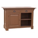 Landelijke bar/balie/toonbank met openmaken, deurtje en twee lades voor opbergruimte. Gemaakt van massief eiken hout in de kleur mokka bruin. Het meubel kan op verschillende manieren geverfd worden in verschillende kleuren en kan op maat gemaakt worden. Villa Laura