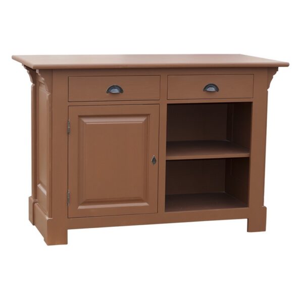 Landelijke bar/balie/toonbank met openmaken, deurtje en twee lades voor opbergruimte. Gemaakt van massief eiken hout in de kleur mokka bruin. Het meubel kan op verschillende manieren geverfd worden in verschillende kleuren en kan op maat gemaakt worden. Villa Laura
