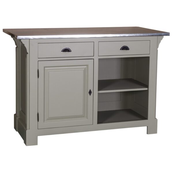 Landelijke bar/balie/toonbank met openmaken, deurtje en twee lades voor opbergruimte. Gemaakt van massief eiken hout in de kleur grijs met een zilver zinken blad. Het meubel kan op verschillende manieren geverfd worden in verschillende kleuren en kan op maat gemaakt worden. Villa Laura