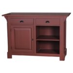 Landelijke bar/balie/toonbank met openmaken, deurtje en twee lades voor opbergruimte. Gemaakt van massief eiken hout in de kleur bordeaux rood. Het meubel kan op verschillende manieren geverfd worden in verschillende kleuren en kan op maat gemaakt worden. Villa Laura