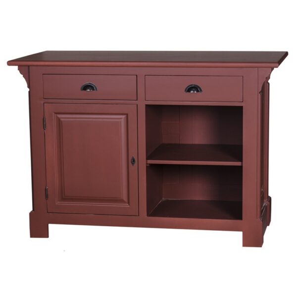 Landelijke bar/balie/toonbank met openmaken, deurtje en twee lades voor opbergruimte. Gemaakt van massief eiken hout in de kleur bordeaux rood. Het meubel kan op verschillende manieren geverfd worden in verschillende kleuren en kan op maat gemaakt worden. Villa Laura