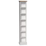 Landelijke cd/dvd kast met 7 vakken boven elkaar voor genoeg ruimte voor cd's of dvd's. Gemaakt van massief hout eiken in de kleur wit met bovenaan de top in kleur bruin eikenhout. De kast kan op verschillende manieren geverfd worden in verschillende kleuren en kan op maat gemaakt worden. Villa Laura