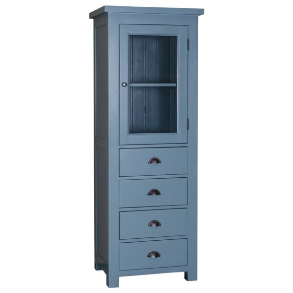 Landelijk smalle buffetkast met vier lades en een deur met glas. Gemaakt van massief eiken hout in de kleur blauw. Het meubel kan op verschillende manieren geverfd worden in verschillende kleuren en kan op maat gemaakt worden. Villa Laura