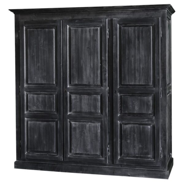 een groot landelijk klassiek 3-deurs kledingkast. de indeling is een gedeelte hang en legplanken. Gemaakt van massief hout eiken in de kleur zwart. de kledingkast is 212 cm lang of het kan op maat gemaakt worden. Villa Laura