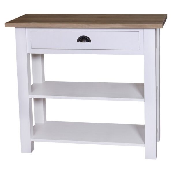 Landelijke side table met lade en twee planken. Gemaakt van massief eiken hout in de kleur wit en naturel. Het meubel kan op verschillende manieren geverfd worden in verschillende kleuren en kan op maat gemaakt worden. Villa Laura