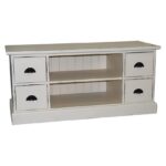Landelijk tv meubel met 4 kleine lades met komgrepen en 2 lange open vakken. Gemaakt van massief hout eiken in de kleur wit. De tv meubel kan op verschillende manieren geverfd worden in verschillende kleuren en kan op maat gemaakt worden. Villa Laura