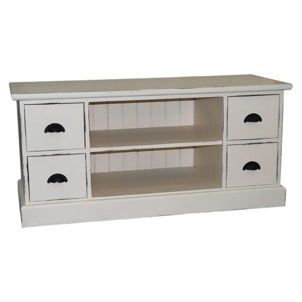 Landelijk tv meubel met 4 kleine lades met komgrepen en 2 lange open vakken. Gemaakt van massief hout eiken in de kleur wit. De tv meubel kan op verschillende manieren geverfd worden in verschillende kleuren en kan op maat gemaakt worden. Villa Laura