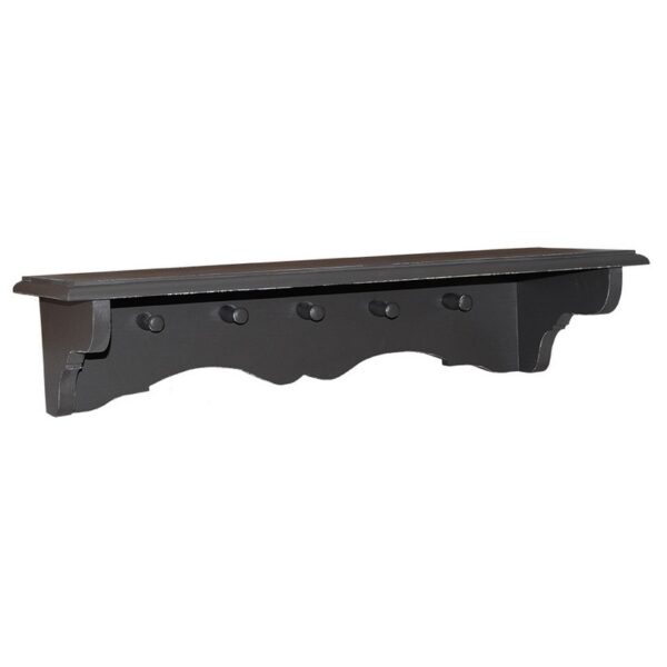 Landelijke wandplank met 5 haken/knoppen voor jassen. Bovenop de wandplank is er genoeg ruimte voor spullen en daaronder zitten tegen een verticale plank 5 haken/knoppen. Gemaakt van massief eiken hout in de kleur zwart. De wandplank kan op verschillende manieren geverfd worden in verschillende kleuren en kan op maat gemaakt worden. Villa Laura
