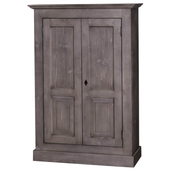 Landelijk klassiek 2-deurs opbergkast. de opbergkast heeft een roede met daarboven een legplank. Gemaakt van massief hout eiken in de kleur wax finish grijs. De kast kan op verschillende manieren geverfd worden in verschillende kleuren en kan op maat gemaakt worden. Villa Laura