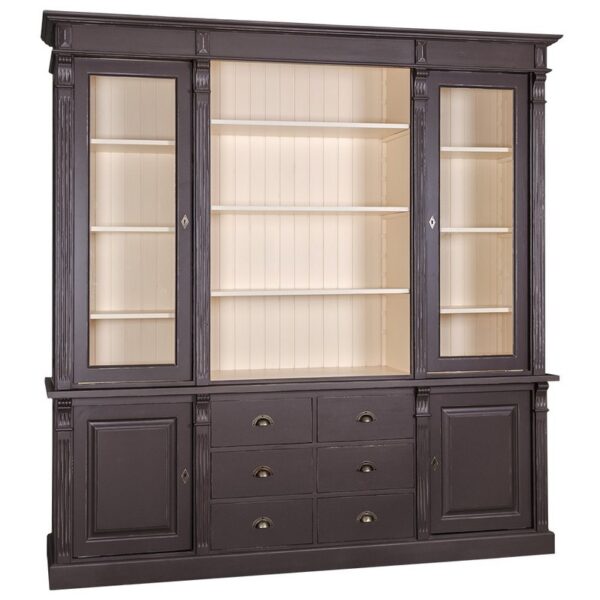 Landelijk klassieke bibliotheekkast met lades en deuren. de planken in de kast zijn verstelbaar. Gemaakt van massief hout eiken in de kleur zwart en binnenkant beige. Het kan op maat gemaakt worden. Villa Laura