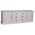 Landelijk klassiek dressoir met lades en deuren. Het dressoir heeft aan beide kanten een deur en in het midden zes lades, drie onder elkaar met een komgreep. Gemaakt van massief eiken hout in de kleur grijs. Het meubel kan op verschillende manieren geverfd worden in verschillende kleuren en kan op maat gemaakt worden. Villa Laura