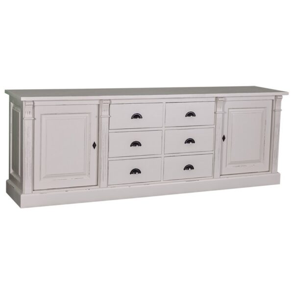 Landelijk klassiek dressoir met lades en deuren. Het dressoir heeft aan beide kanten een deur en in het midden zes lades, drie onder elkaar met een komgreep. Gemaakt van massief eiken hout in de kleur grijs. Het meubel kan op verschillende manieren geverfd worden in verschillende kleuren en kan op maat gemaakt worden. Villa Laura