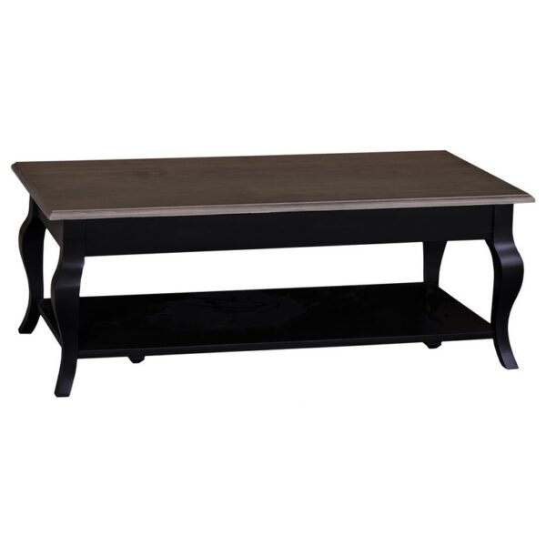 Landelijke, klassieke, extravagante houten salontafel met onderblad. De salontafel heeft sierlijke poten. Gemaakt van massief hout eiken in de kleur zwart met een donker bruin blad. De salontafel kan op verschillende manieren geverfd worden in verschillende kleuren en kan op maat gemaakt worden. Villa Laura