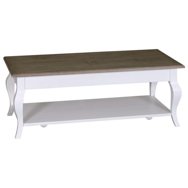 Landelijke, klassieke, extravagante houten salontafel met onderblad. De salontafel heeft sierlijke poten. Gemaakt van massief hout eiken in de kleur wit met een waterafstotend finish bruin blad. De salontafel kan op verschillende manieren geverfd worden in verschillende kleuren en kan op maat gemaakt worden. Villa Laura