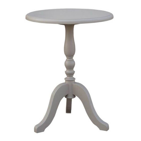 Landelijke, klassieke, extravagante ronde bijzettafel met een 3 poot. het blad heeft een diameter van 60 cm. Gemaakt van massief hout eiken. het blad is ijsgrijs en het onderstel ook. Het kan op maat gemaakt worden. Villa Laura