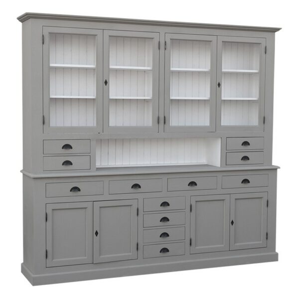Landelijk, klassiek, extravagant hoge buffetkast met genoeg lades en planken achter 4 lange glazen deuren. Gemaakt van massief hout in de kleur grijs met een witte binnenkant. De buffetkast kan op verschillende manieren geverfd worden in verschillende kleuren en kan op maat gemaakt worden. Villa Laura