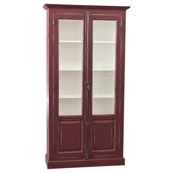 Landelijke buffetkast met dubbele deuren. Gemaakt van massief eiken hout in de kleur bordeaux rood vintagelook met wit. Het meubel kan op verschillende manieren geverfd worden in verschillende kleuren en kan op maat gemaakt worden. Villa Laura