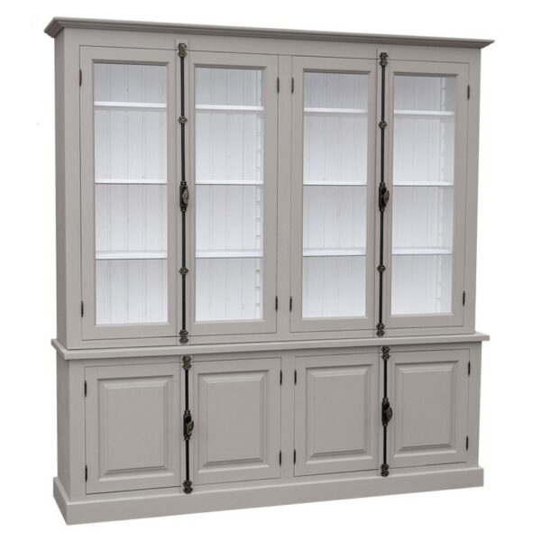 Landelijke dubbele buffetkast met dubbele deuren. Gemaakt van massief eiken hout in de kleur grijs met wit. Het meubel kan op verschillende manieren geverfd worden in verschillende kleuren en kan op maat gemaakt worden. Villa Laura