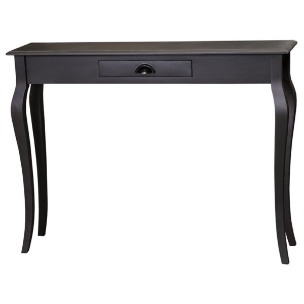 Brocante Sidetable met in het midden één lade. Gemaakt van massief hout in de kleur donker antraciet bruin, zwart. De lade gaat open door middel van een komgreep. De kast kan op verschillende manieren geverfd worden in verschillende kleuren en kan op maat gemaakt worden. Villa Laura