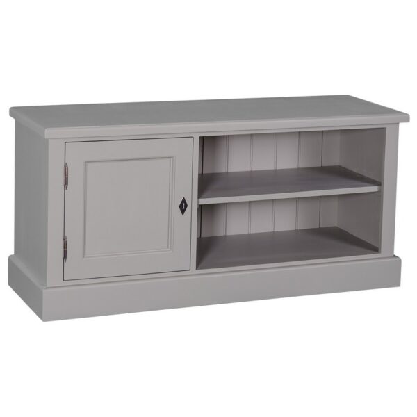 Landelijk tv meubel met deur en twee open vakken. Gemaakt van massief eiken hout in de kleur taupe, grijs. Het meubel kan op verschillende manieren geverfd worden in verschillende kleuren en kan op maat gemaakt worden. Villa Laura