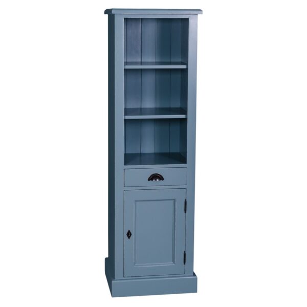 landelijk klassieke modern boekenkast met lade en deur. de planken in de kast zijn verstelbaar. Gemaakt van massief hout eiken in de kleur donker staal blauw. Het kan op maat gemaakt worden. Villa Laura