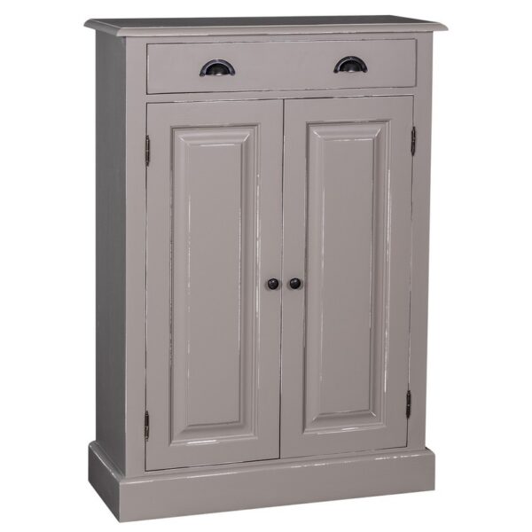 Landelijke schoenenkast met één grote lade en twee deurtjes. Gemaakt van massief hout eiken in de kleur beige, zand, taupe. De kast kan op verschillende manieren geverfd worden in verschillende kleuren en kan op maat gemaakt worden. Villa Laura