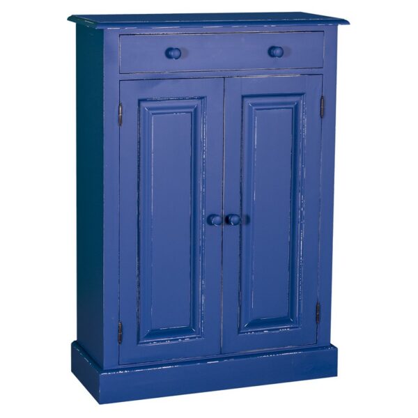 Landelijke schoenenkast met één grote lade en twee deurtjes. Gemaakt van massief hout eiken in de kleur nacht blauw vintagelook. De kast kan op verschillende manieren geverfd worden in verschillende kleuren en kan op maat gemaakt worden. Villa Laura