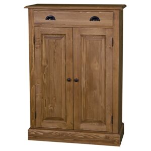 Landelijke schoenenkast met één grote lade en twee deurtjes. Gemaakt van massief hout eiken in de kleur wax finish naturel. De kast kan op verschillende manieren geverfd worden in verschillende kleuren en kan op maat gemaakt worden. Villa Laura