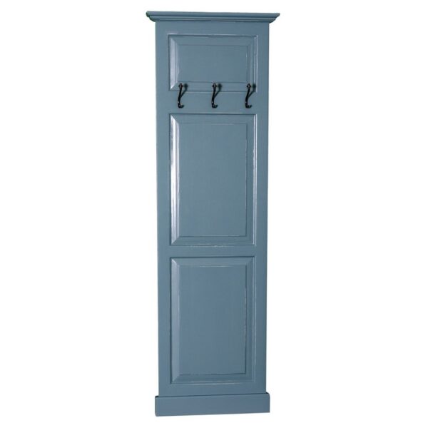 Landelijke wandhalmeubel/wandkapstok met drie haken. Gemaakt van massief eiken hout in de kleur blauw. Het wandhalmeubel kan op verschillende manieren geverfd worden in verschillende kleuren en kan op maat gemaakt worden. Villa Laura