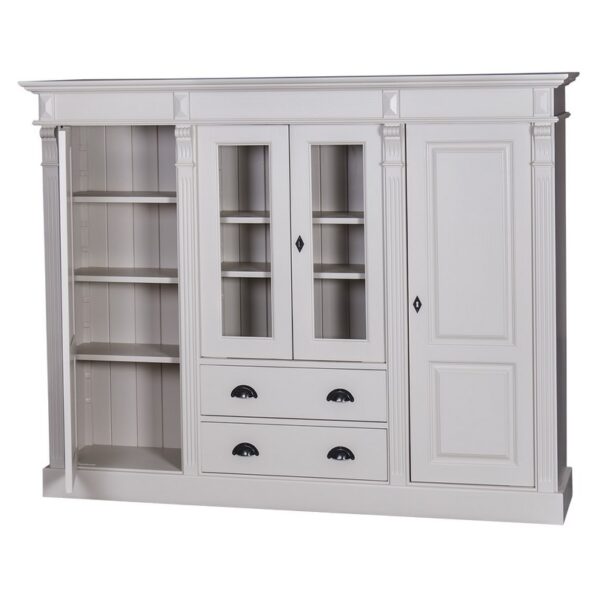 Landelijke klassieke met ornamenten boekenkast met deuren, lades en open vakken. Gemaakt van massief eiken hout in de kleur lichtgrijs. Het meubel kan op verschillende manieren geverfd worden in verschillende kleuren en kan op maat gemaakt worden. Villa Laura