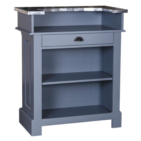 Landelijke bar met twee open vakken en een lade voor opbergruimte. Gemaakt van massief eiken hout in de kleur blauw met een donker ijzer blad . Het meubel kan op verschillende manieren geverfd worden in verschillende kleuren en kan op maat gemaakt worden. Villa Laura
