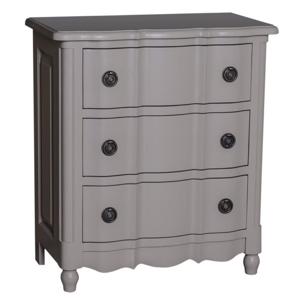 Brocante Ladekastje met drie lades onder elkaar voor opbergruimte. Gemaakt van massief eiken hout in de kleur grijs, taupe. Het meubel kan op verschillende manieren geverfd worden in verschillende kleuren en kan op maat gemaakt worden. Villa Laura