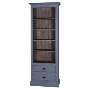Landelijke langwerpige boekenkast met vijf vakken en twee lades onder elkaar. Gemaakt van massief eiken hout in de kleur blauw met een bruin eiken binnenkant. Het meubel kan op verschillende manieren geverfd worden in verschillende kleuren en kan op maat gemaakt worden. Villa Laura