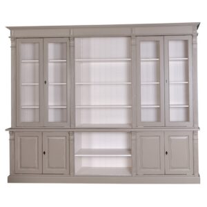 XXL groot, breedt en hoge landelijkeklassieke buffetkast boekenkst met ornamenten. Het heeft open vakken en deuren. Gemaakt van massief eiken hout in de kleur beige, zand, grijs met witte binnenkant. Het meubel kan op verschillende manieren geverfd worden in verschillende kleuren en kan op maat gemaakt worden. Villa Laura