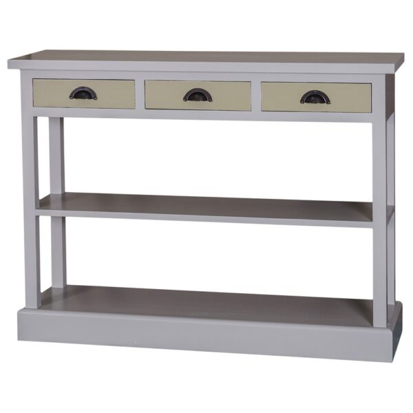 Landelijke side table met drie lades en twee planken. Gemaakt van massief eiken hout in de kleur grijs met groen. Het meubel kan op verschillende manieren geverfd worden in verschillende kleuren en kan op maat gemaakt worden. Villa Laura