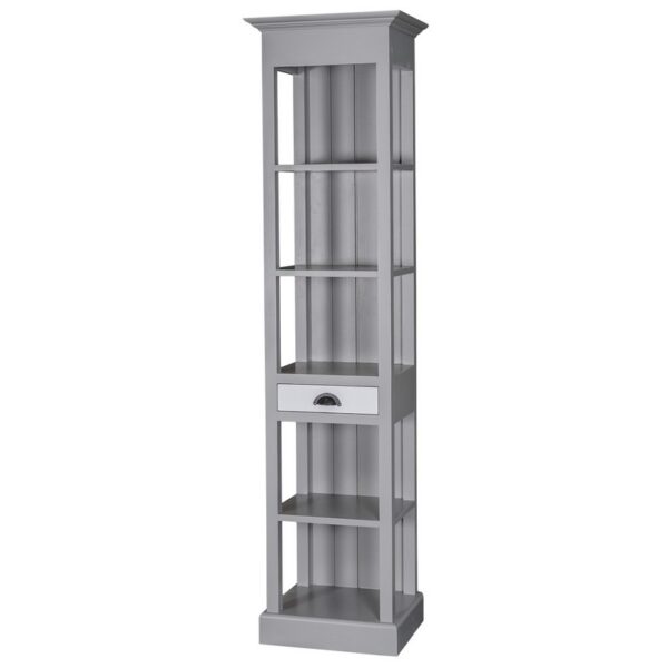 Landelijke boekenkast met vijf open vakken en een lade. Gemaakt van massief eiken hout in de kleur grijs. Het meubel kan op verschillende manieren geverfd worden in verschillende kleuren en kan op maat gemaakt worden. Villa Laura
