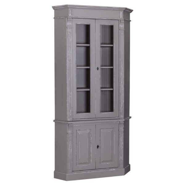 Landelijke hoekkast met onder twee deuren en boven twee hoge deuren met glas. Gemaakt van massief eiken hout in de kleur taupe, grijs. Het meubel kan op verschillende manieren geverfd worden in verschillende kleuren en kan op maat gemaakt worden. Villa Laura