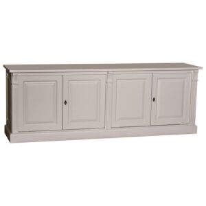 Landelijke dressoir met vier deuren voor opbergruimte. Gemaakt van massief eiken hout in de kleur wit, licht beige zand . Het meubel kan op verschillende manieren geverfd worden in verschillende kleuren en kan op maat gemaakt worden. Villa Laura