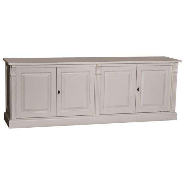Landelijke dressoir met vier deuren voor opbergruimte. Gemaakt van massief eiken hout in de kleur wit, licht beige zand . Het meubel kan op verschillende manieren geverfd worden in verschillende kleuren en kan op maat gemaakt worden. Villa Laura